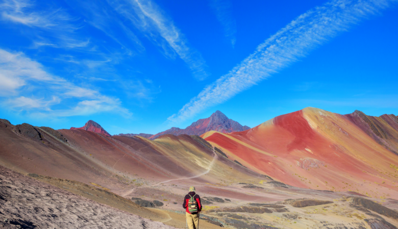 Stunning Rainbow Mountain Peru, Vinicunca - a breathtaking landscape of multicolored stripes in the Peruvian Andes